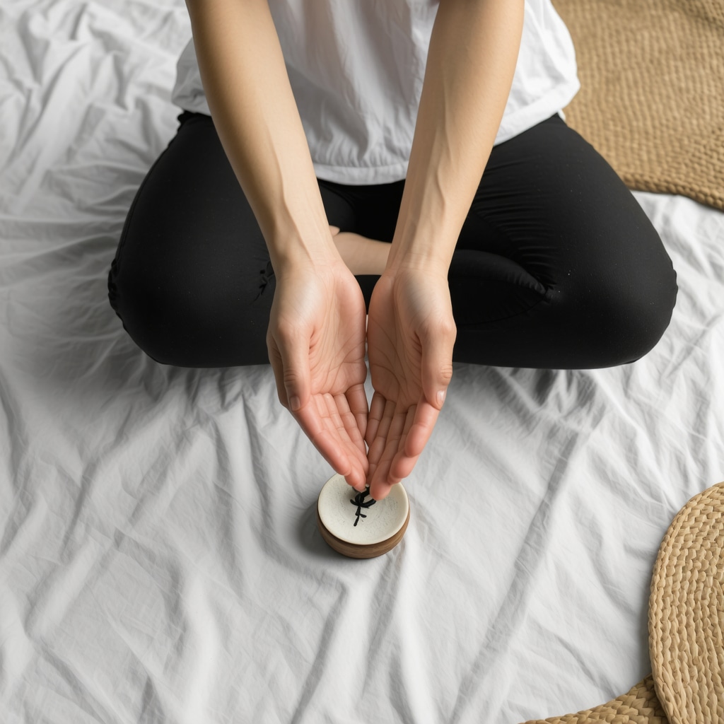 Person meditating while holding a small found object symbolizing spiritual energy