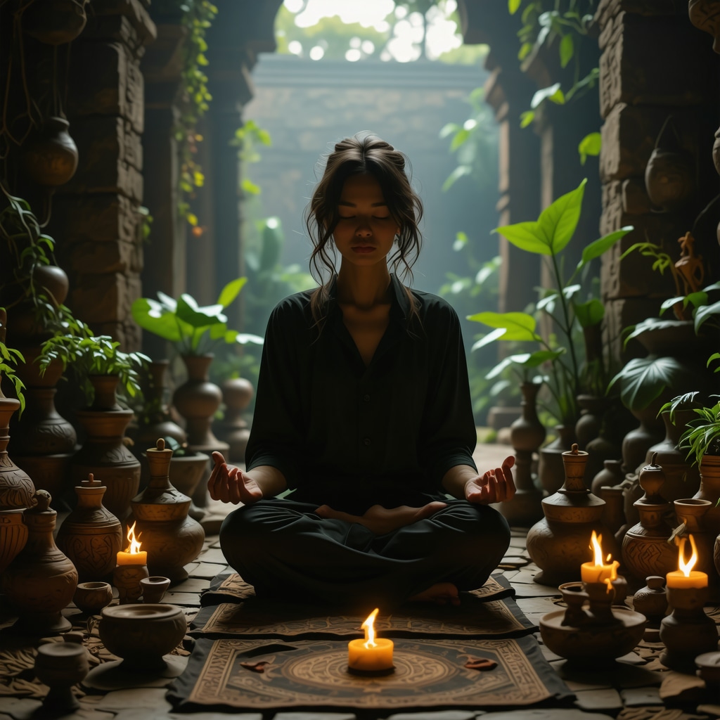 Person meditating surrounded by symbolic objects representing presagios and psychological insights