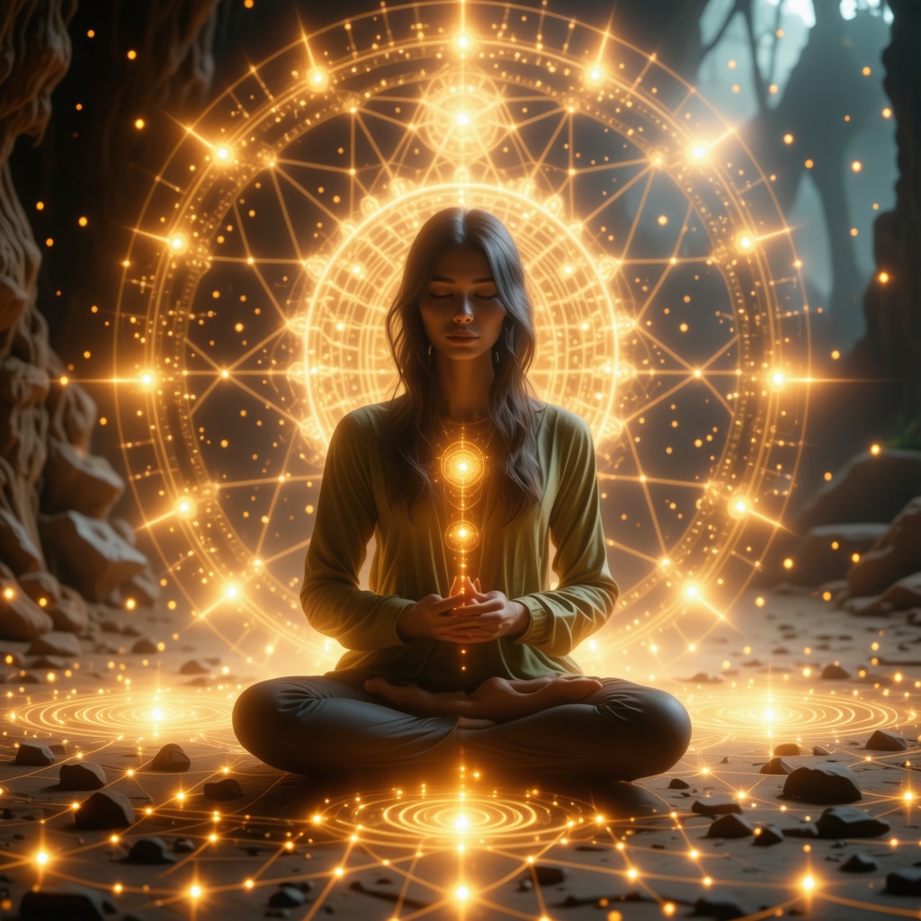 Meditator meditating with glowing sacred geometry symbols and neural network patterns around