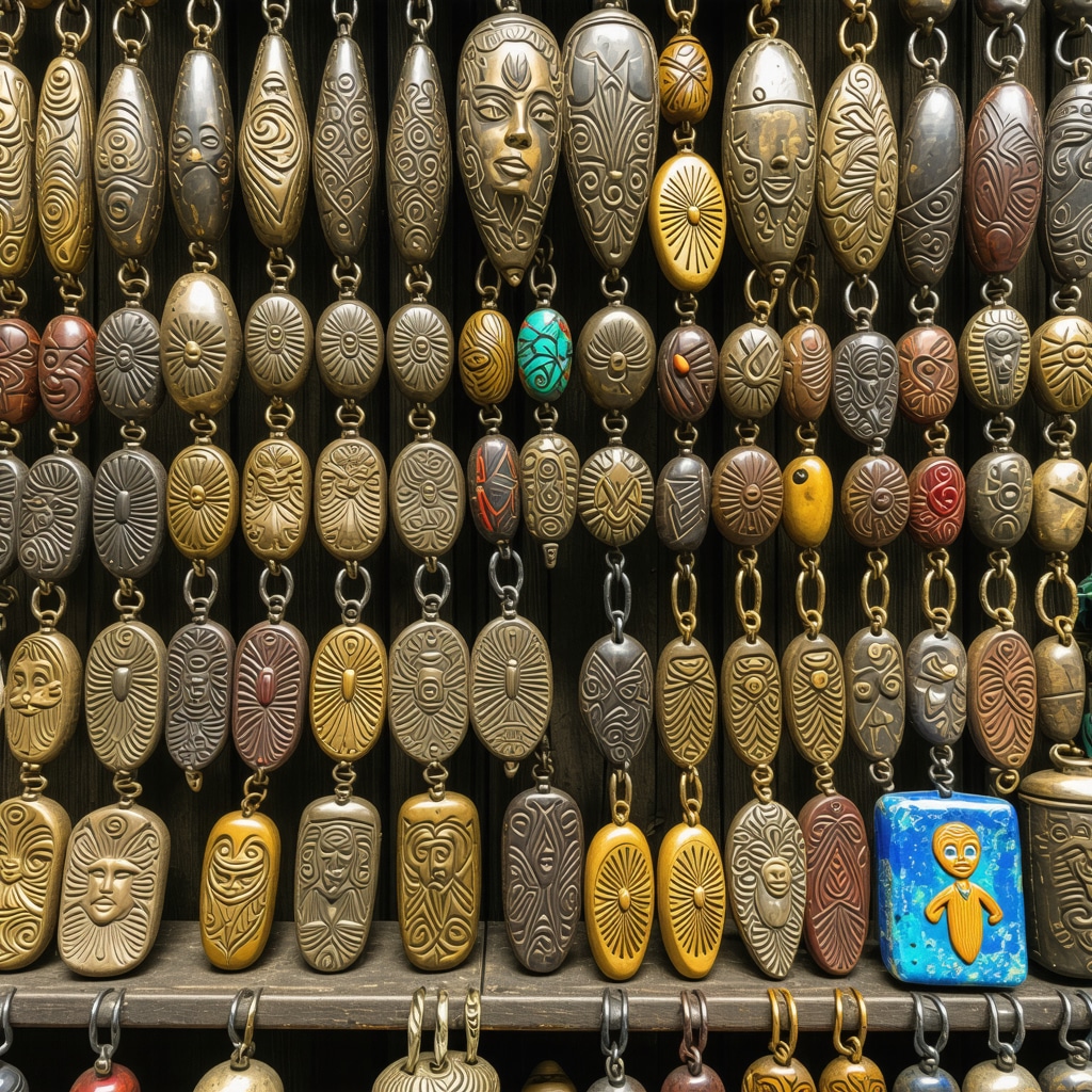 Escena de mercado urbano africano con amuletos tradicionales y elementos modernos