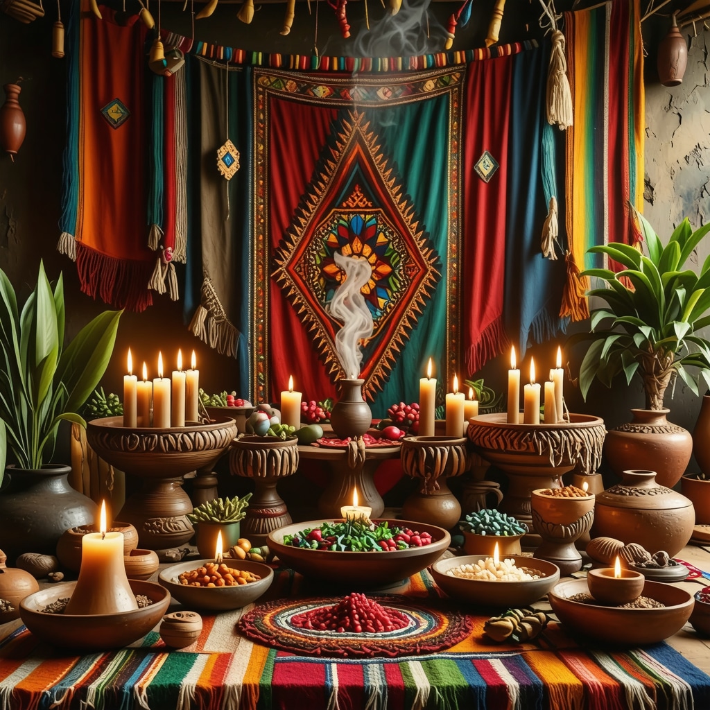 Altar mexicano con velas y copal para ritual de buena suerte