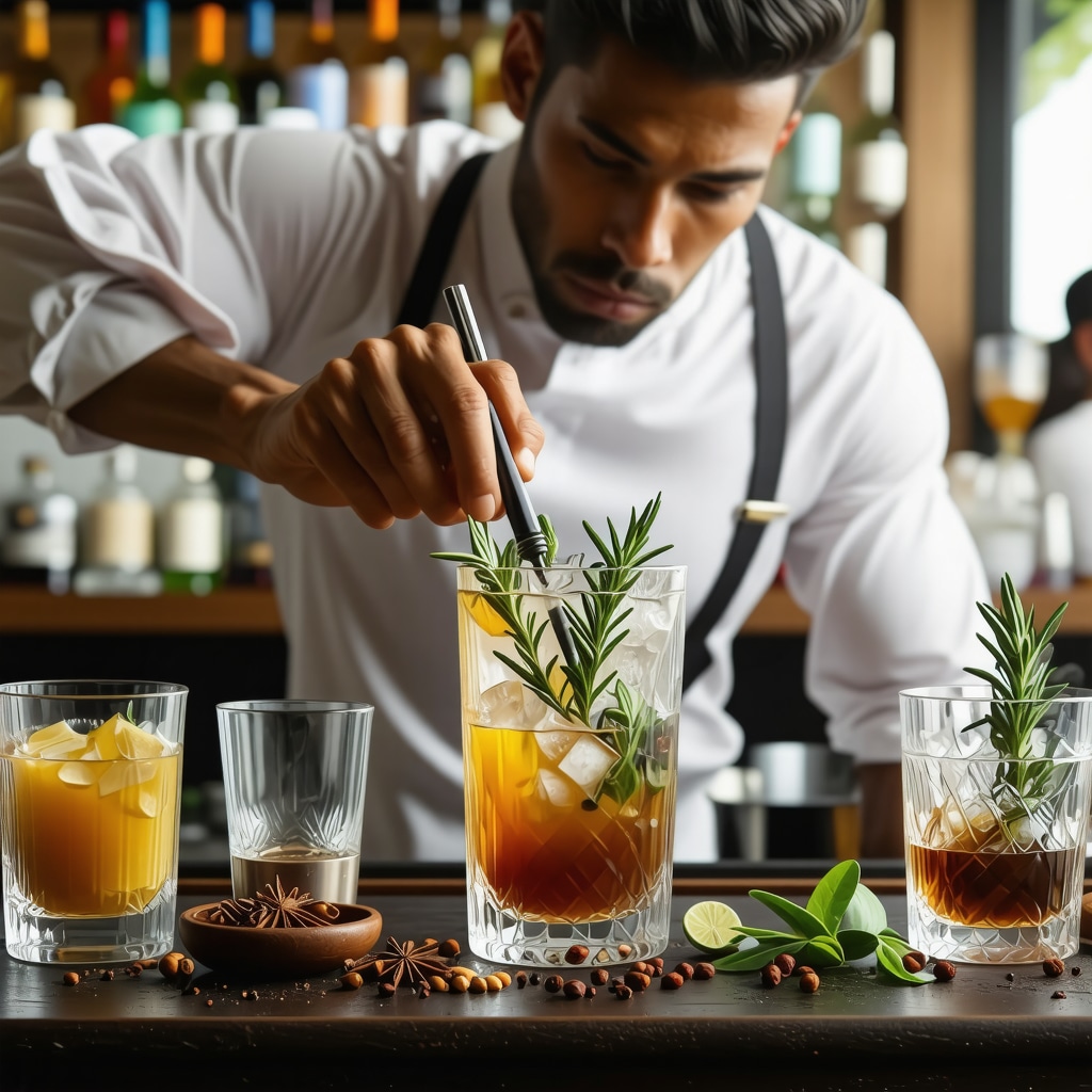 Mixologist performing ritualistic drink preparation blending tradition and sustainability Mixologist preparing a drink with herbs and spices in a ritualistic manner blending tradition and sustainability