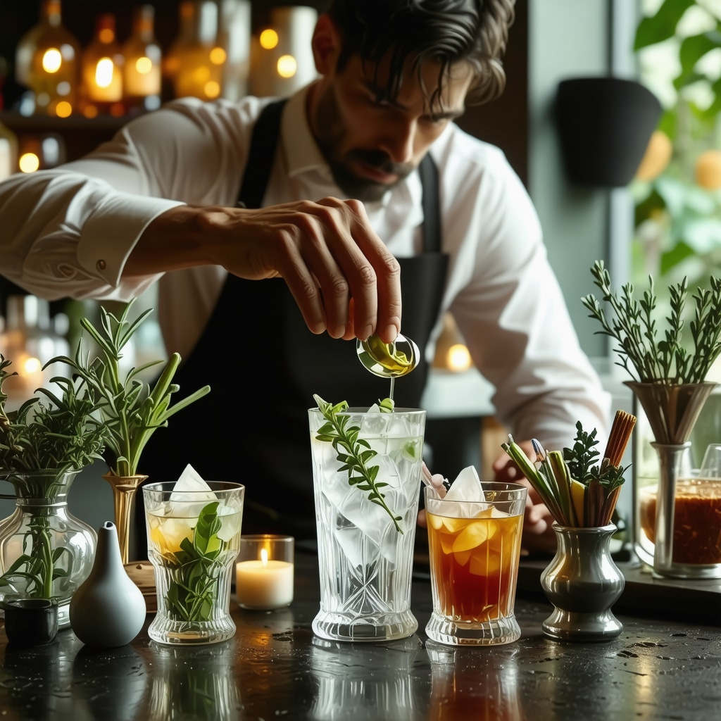 Mixologist crafting a cocktail incorporating herbs and crystals in a dimly lit modern bar setting