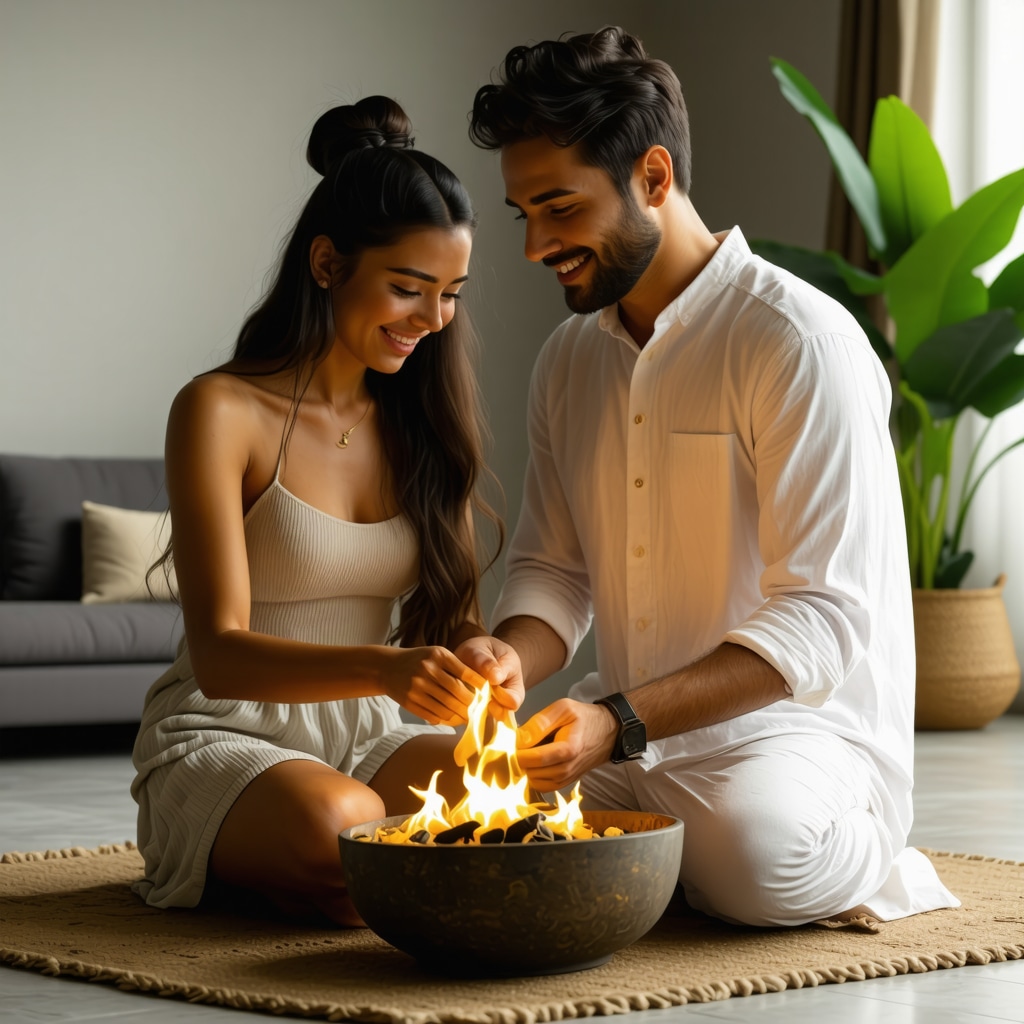 A modern couple performing a symbolic ancestral ritual at home to strengthen emotional connection