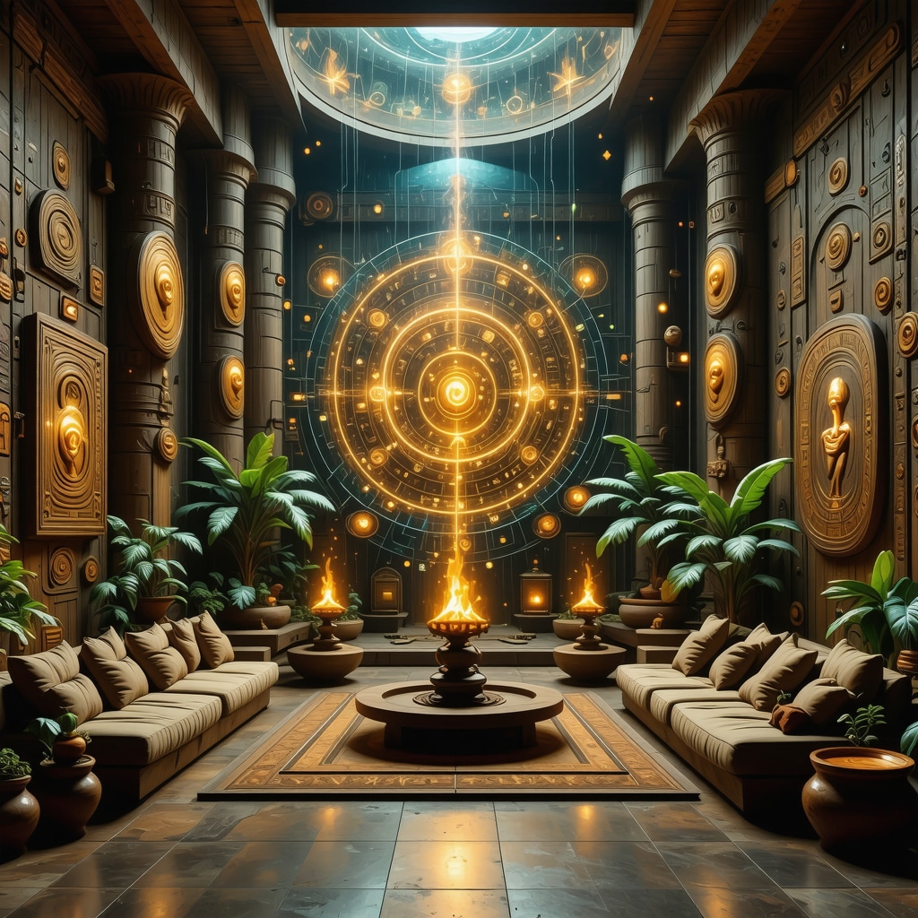 Interior of a modern home showing spiritual symbols, plants, and technological devices used for energy protection