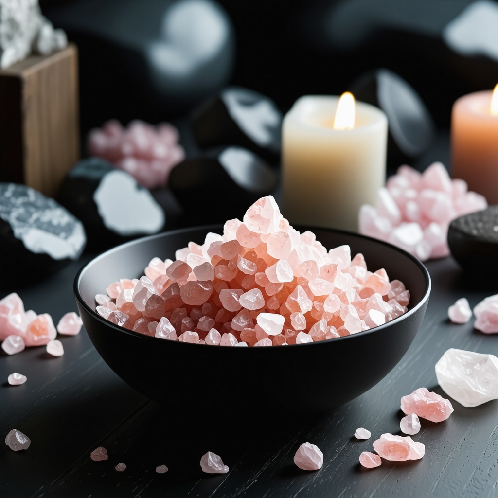 Bowl of Himalayan pink salt crystals with crystals and ambient lighting in a meditation setting