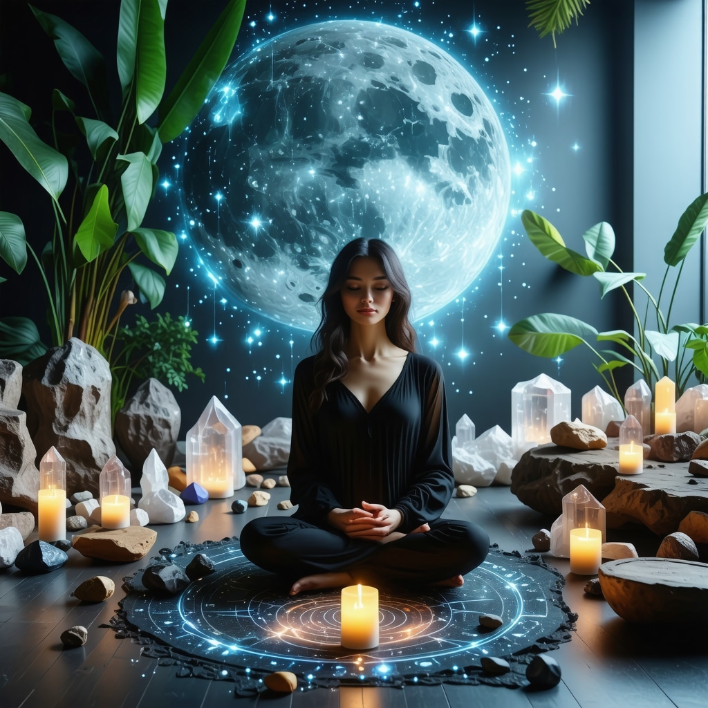 Meditation space featuring crystals, sacred geometry symbols, and digital holograms representing energy flow and lunar cycles for September