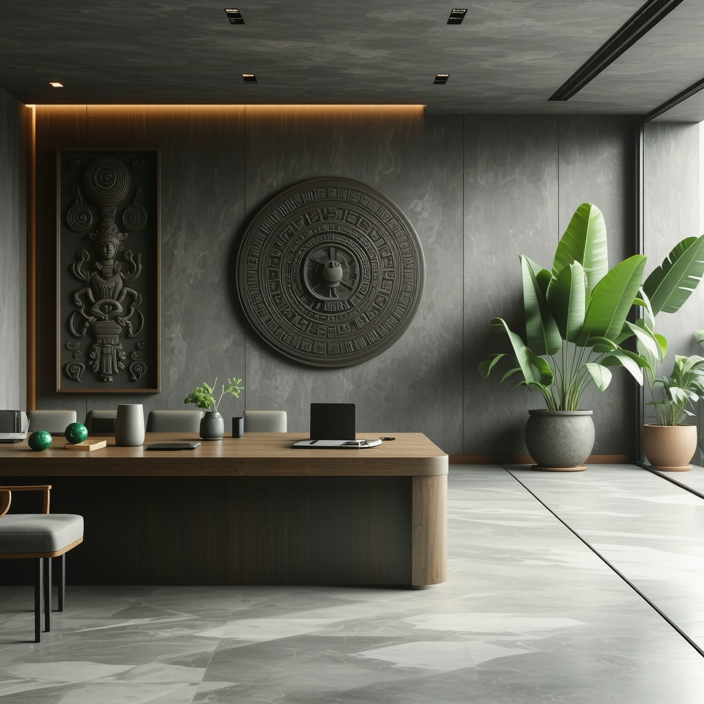 Modern office decorated with Mayan symbols like Hunab Ku and jade amulets representing prosperity and harmony