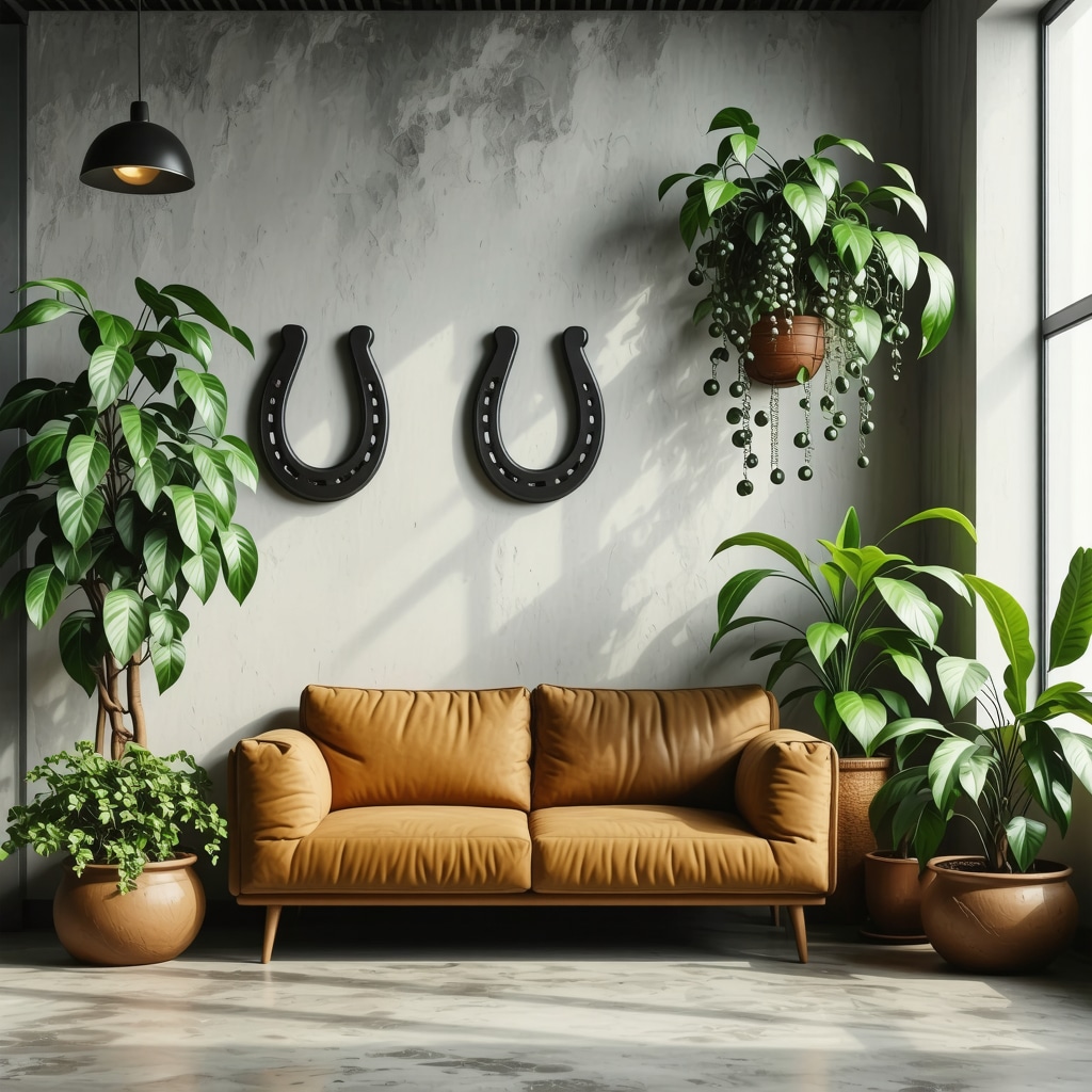 Urban Paraguayan office with karaguatá plants and horseshoe amulets representing cultural superstition adaptation