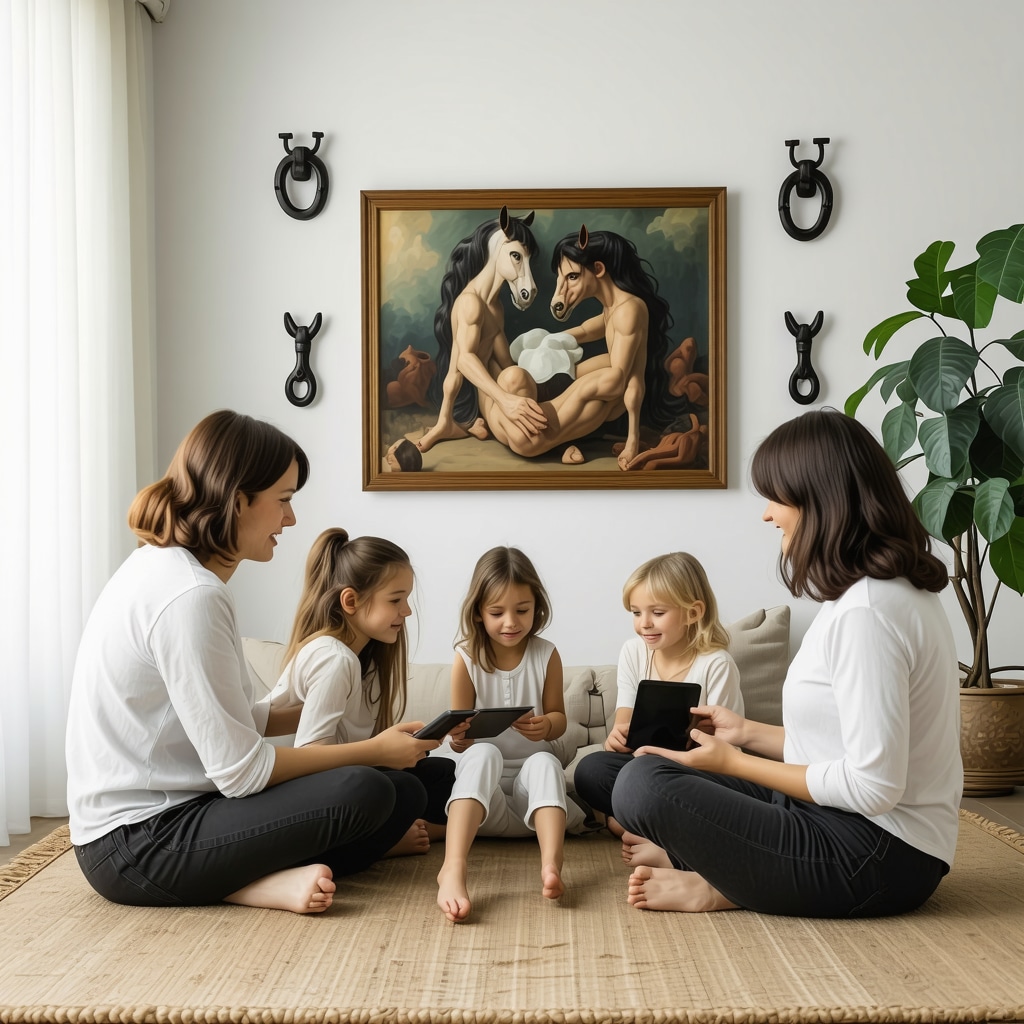 Modern Polish Family Practicing Traditional Superstitions Polish family combining traditional superstition symbols with modern technology in home setting