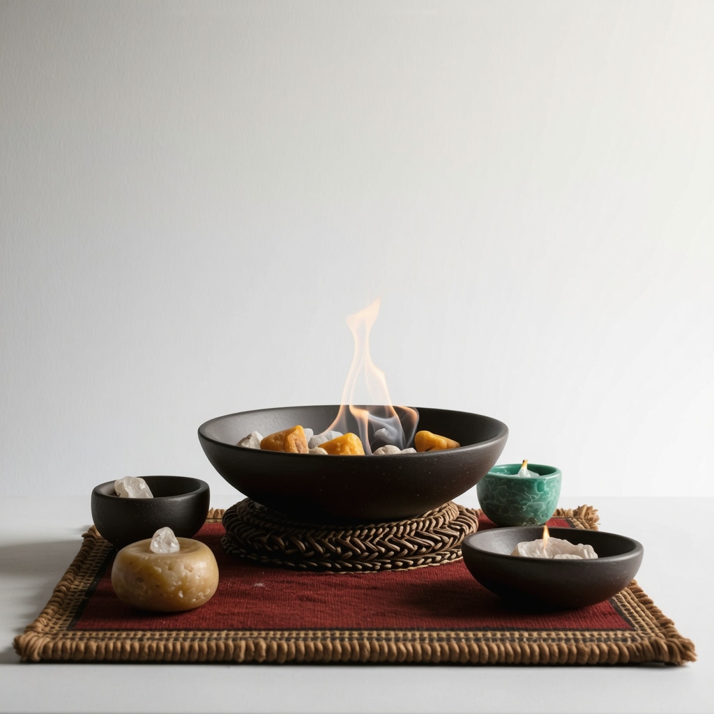 Altar in an urban home featuring jade, copal incense smoke, and Mayan symbolic textiles symbolizing spiritual harmony