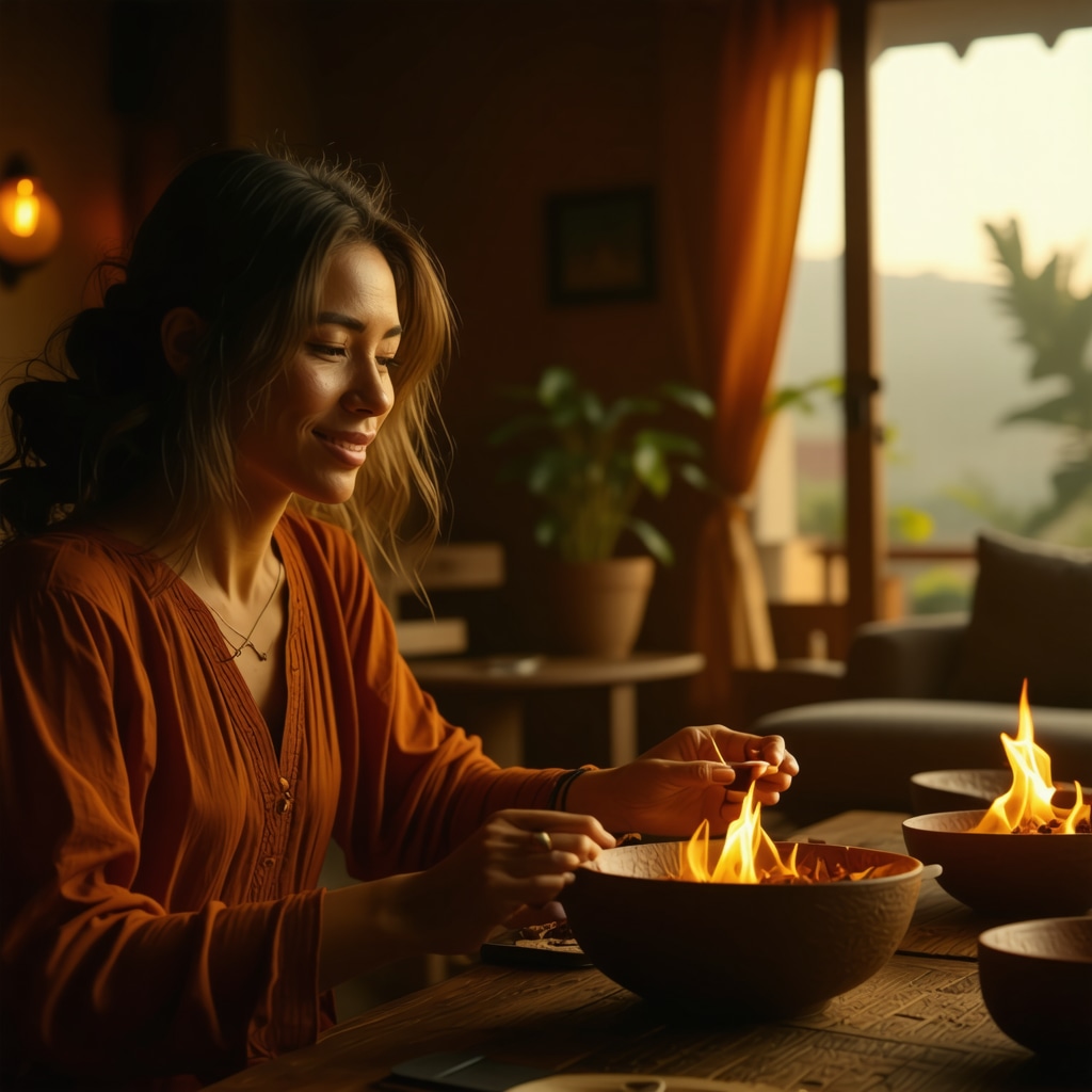 Couple performing a symbolic ritual combining ancestral tradition and technology in an intimate home