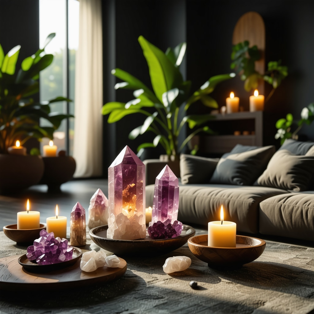 Modern living room with crystals, candles, and technology symbolizing energy balance
