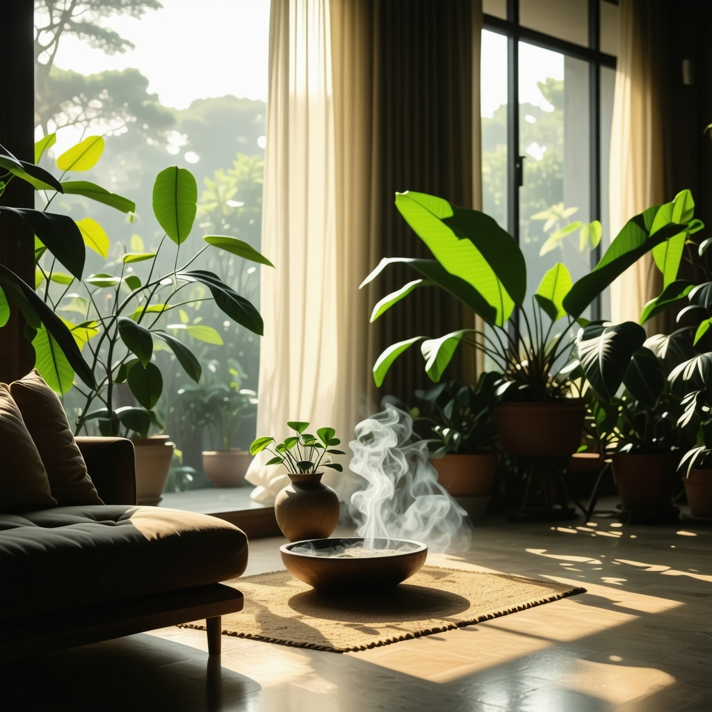 Open windows in a modern living room with plants and incense smoke moving with the air flow