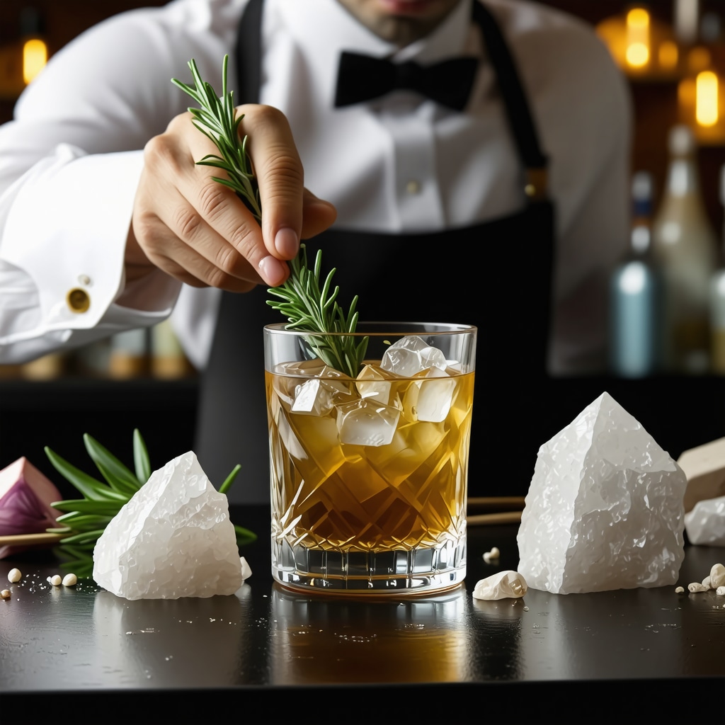 Mixologist adding rosemary and crystals to a cocktail with ritualistic gestures