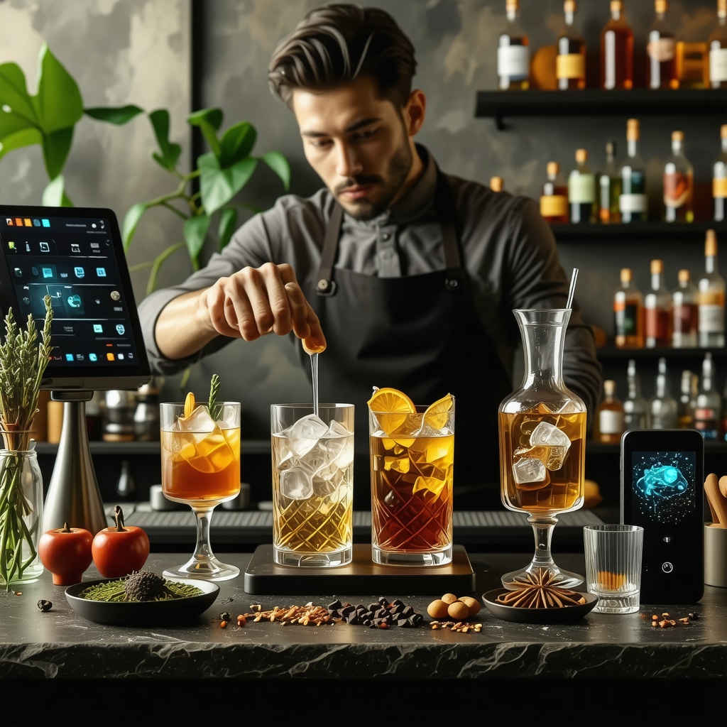 Modern mixology blending traditional agüeros with advanced technology Bartender preparing a symbolic ritual drink using traditional herbs alongside digital AI and AR interfaces