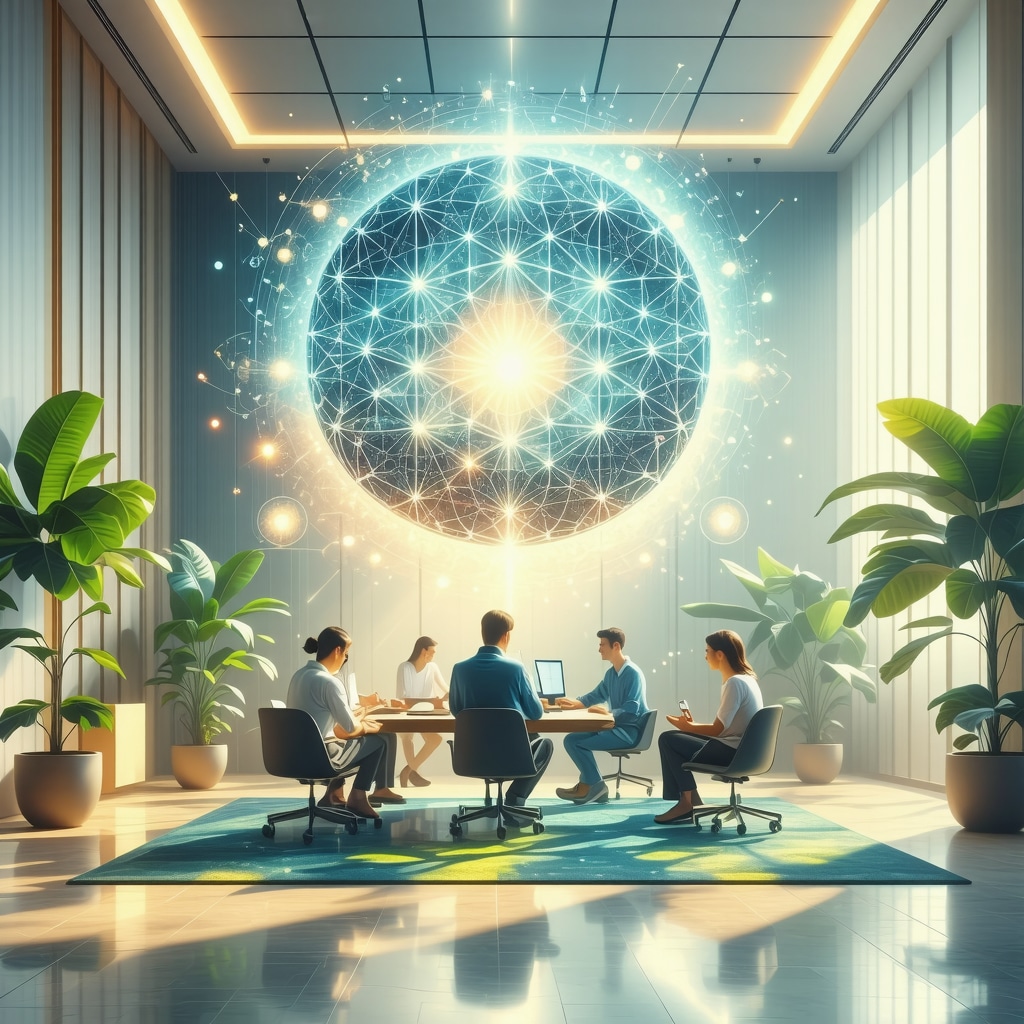 Office interior with sacred geometric patterns integrated in design, promoting productivity and harmony