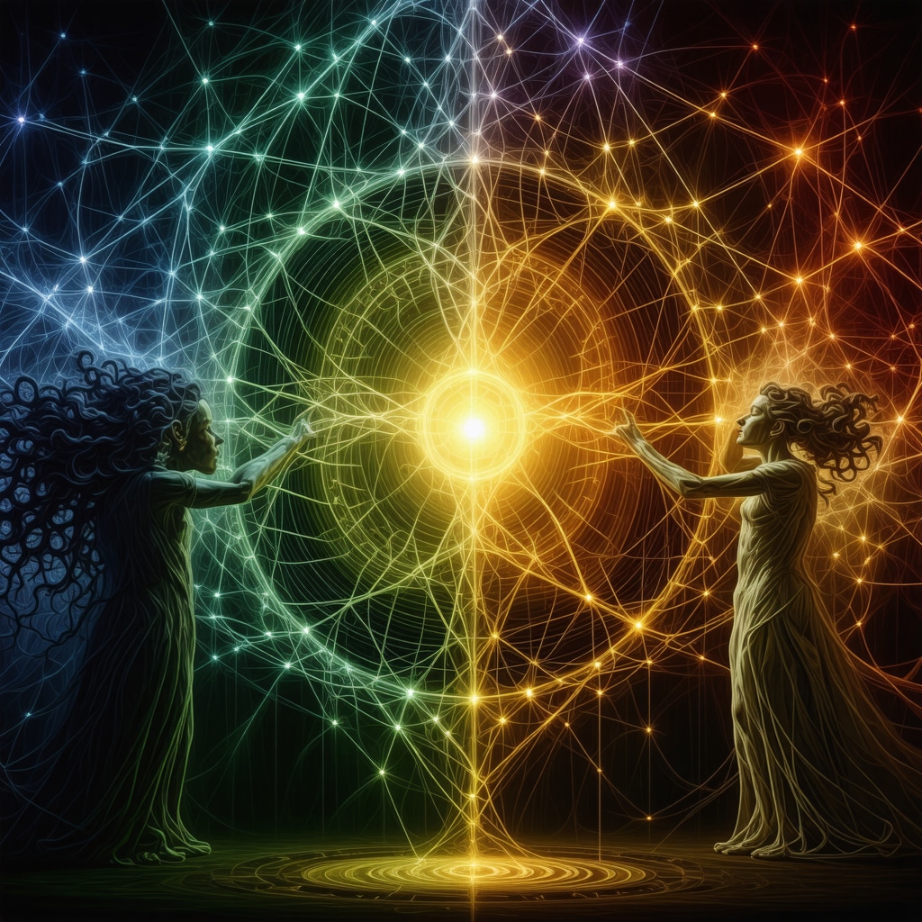 Artistic image showing the Moirai weaving life's thread combined with neural network patterns symbolizing cognitive processes