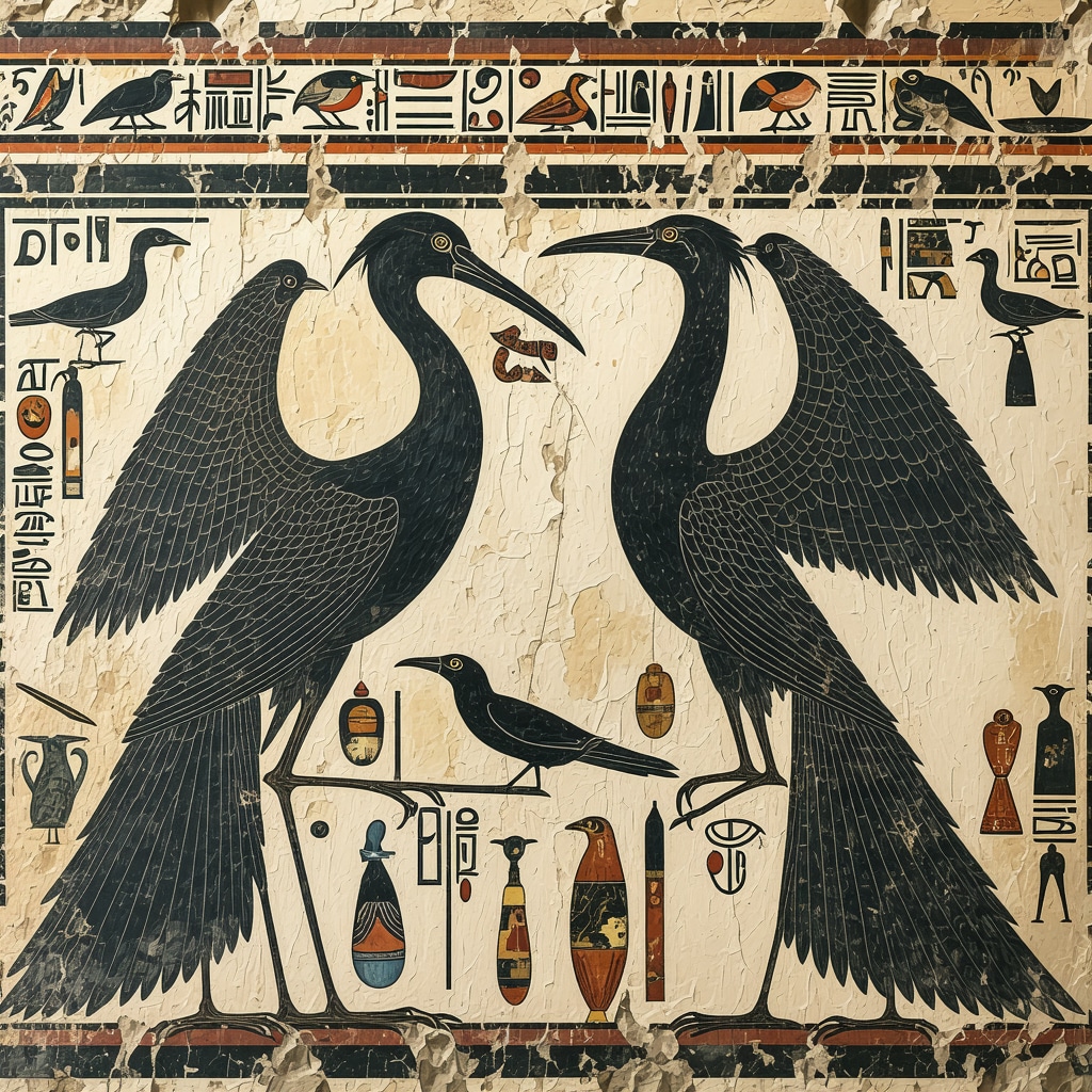 Detalle de mural egipcio mostrando ibis, chacal y halcón con jeroglíficos