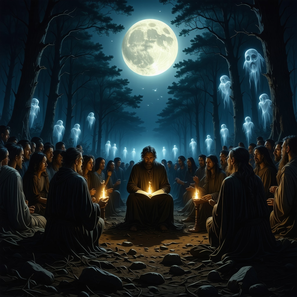 Escena nocturna con narrador y audiencia rodeados de figuras fantasmales que simbolizan arquetipos junguianos