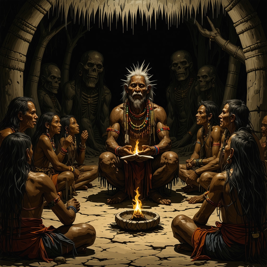 Narrador tradicional compartiendo leyendas de terror a una audiencia diversa en un entorno indígena con símbolos culturales