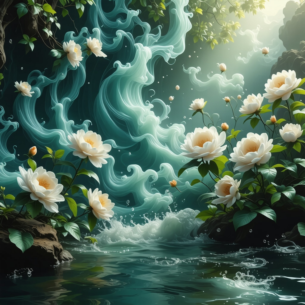 Flowing air currents around blooming flowers symbolizing air rituals and intuitive connection
