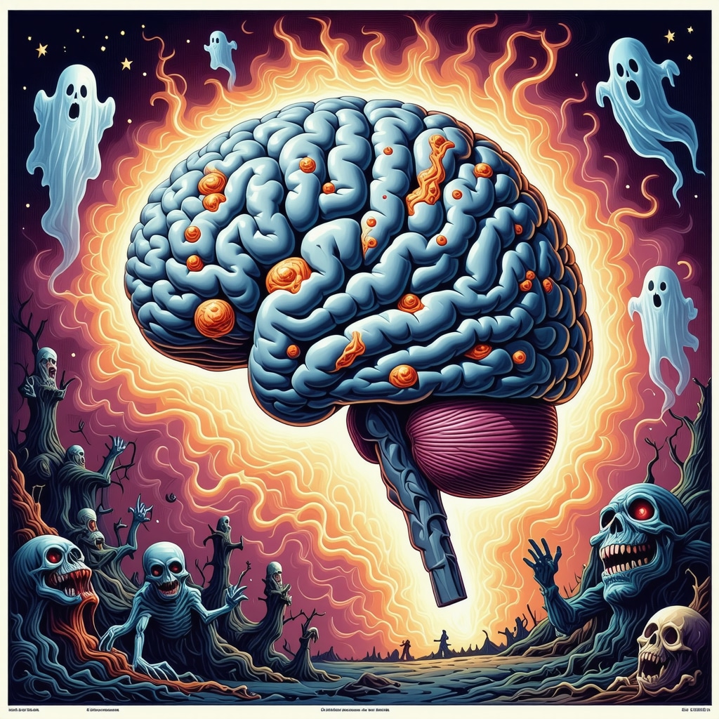 Diagram showing brain activity with symbolic horror elements representing neuroplasticity and emotional learning