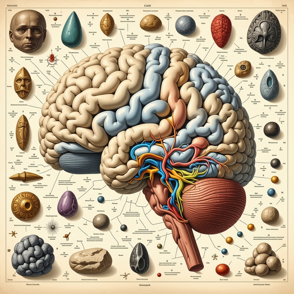 Illustration of brain regions linked to ritual behavior with ancestral amulet symbols overlay