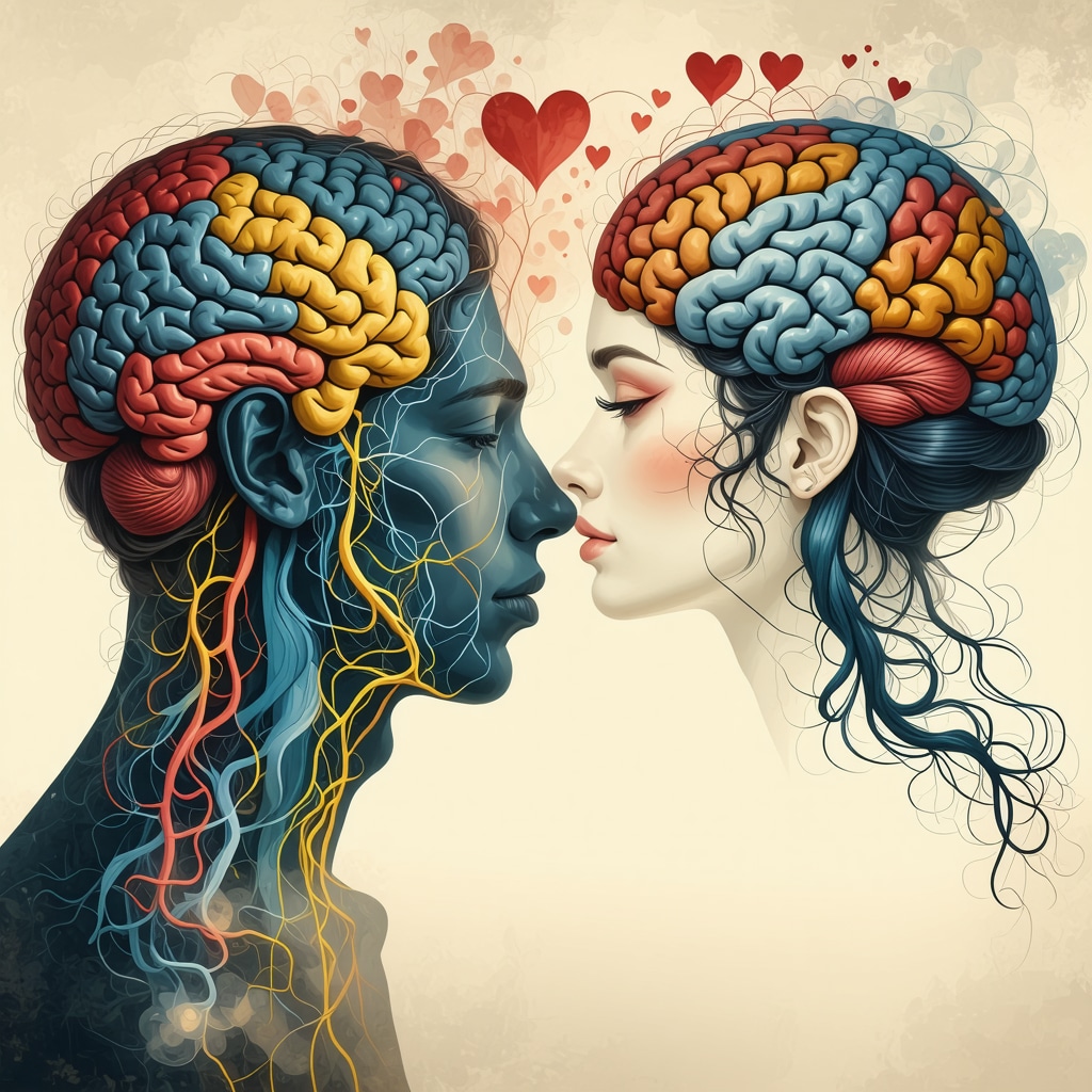 Illustration of brain areas related to love with couple silhouettes symbolizing emotional connection