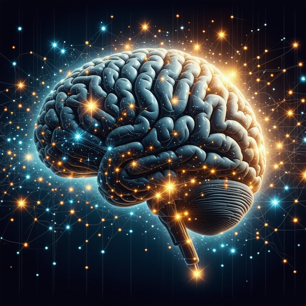 Illustration of brain neural networks blending with symbolic and digital motifs