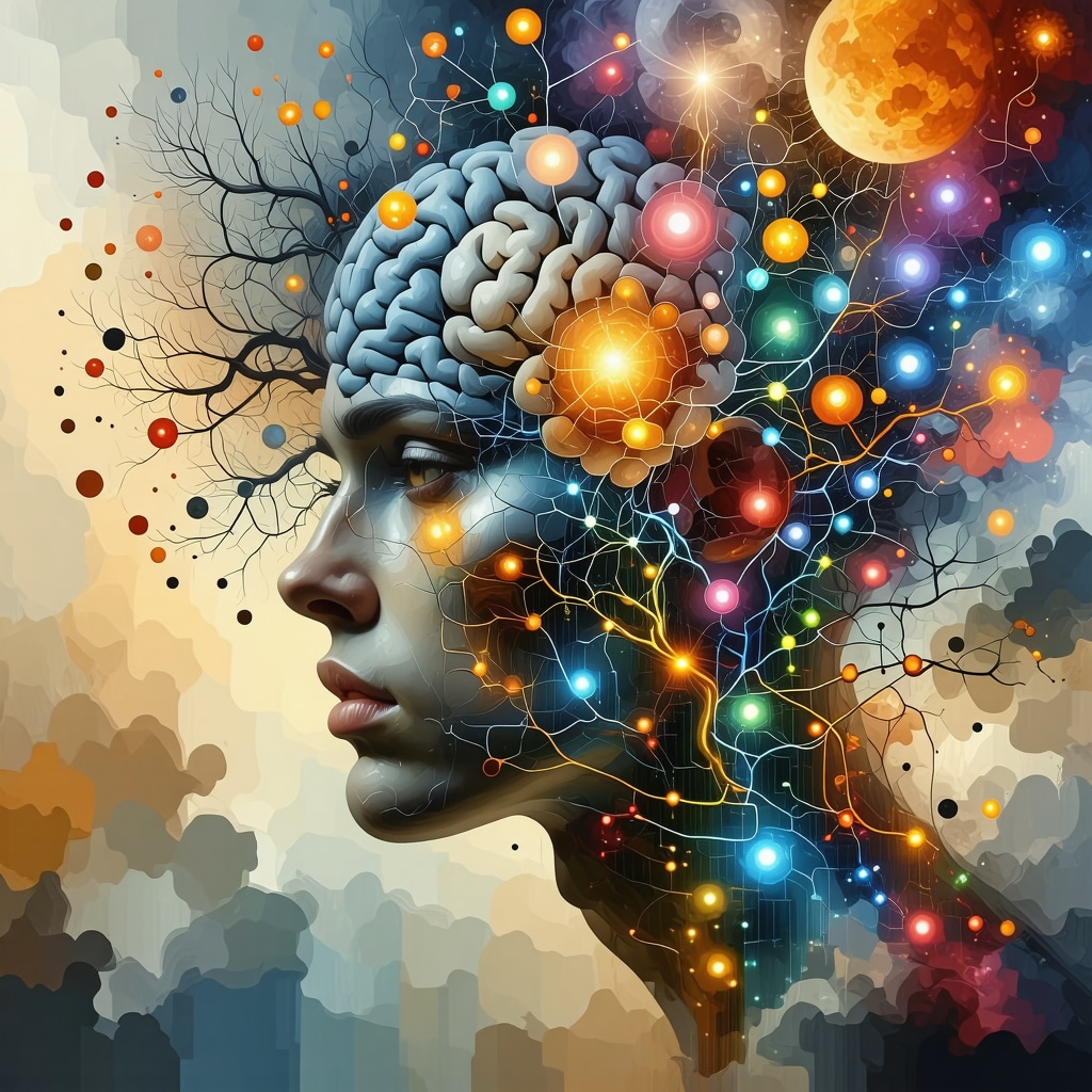 Neural networks interacting with dream symbols Illustration of brain neural networks and symbolic dream elements merging to represent advanced dream interpretation