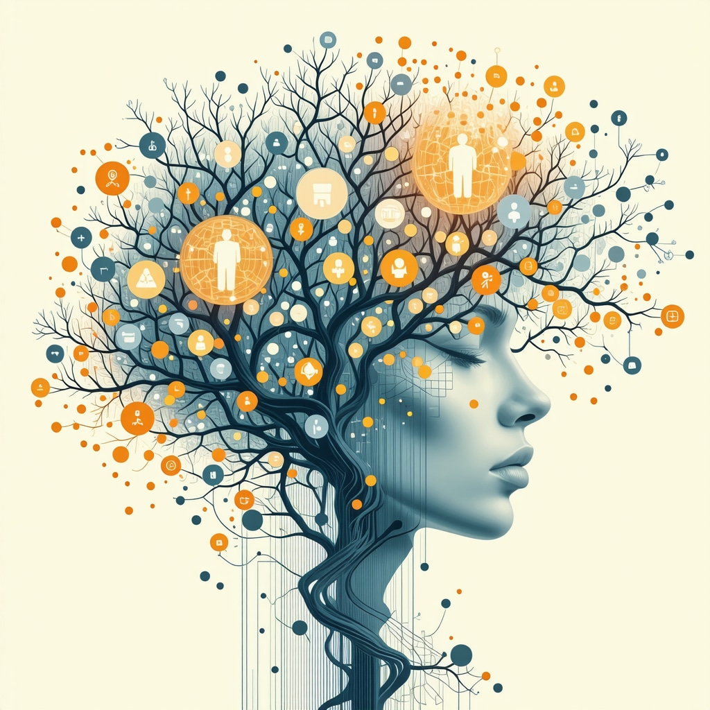 Illustration of neural networks combined with family tree and digital data streams symbolizing epigenetics and digital culture impact on family myths