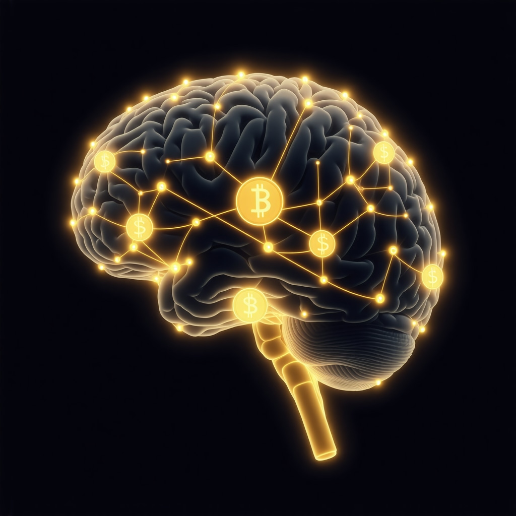 Illustration of brain neural pathways linked with symbols of money