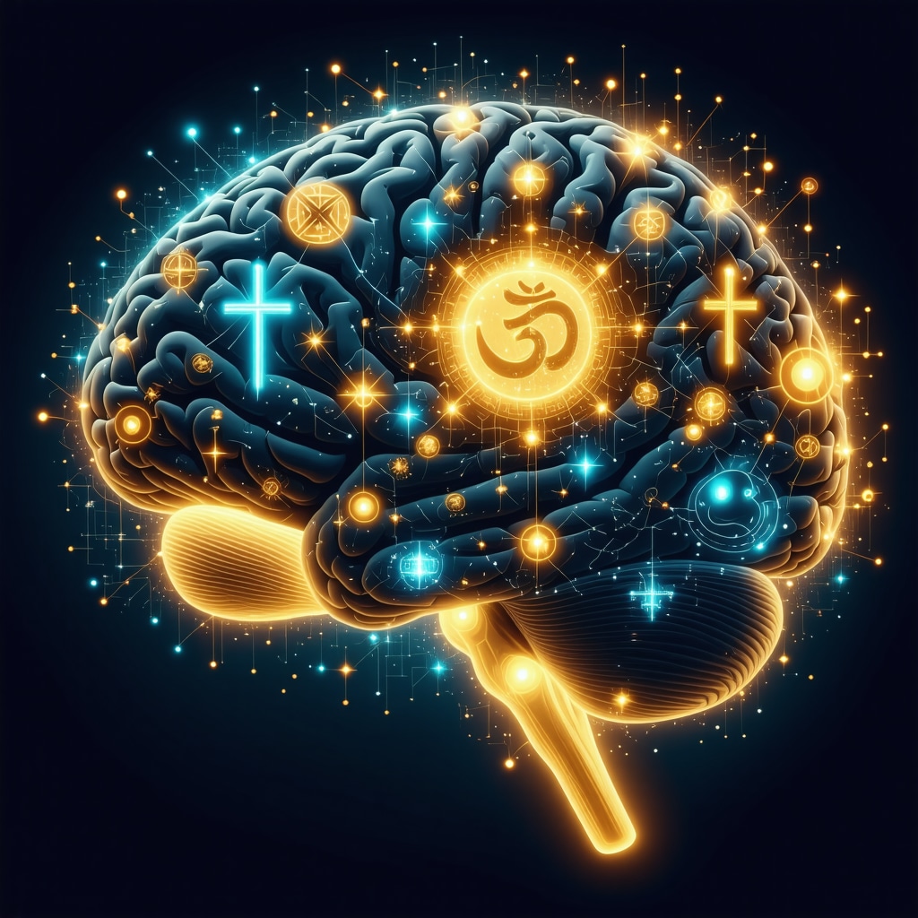 Illustration of brain neural pathways stimulated by religious symbols and AI elements
