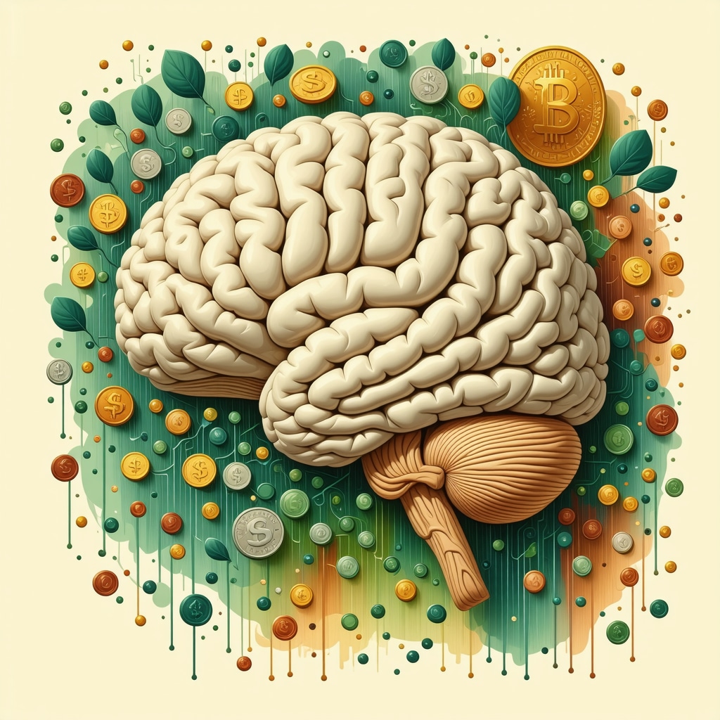 Brain with highlighted neural pathways and symbols of money and prosperity