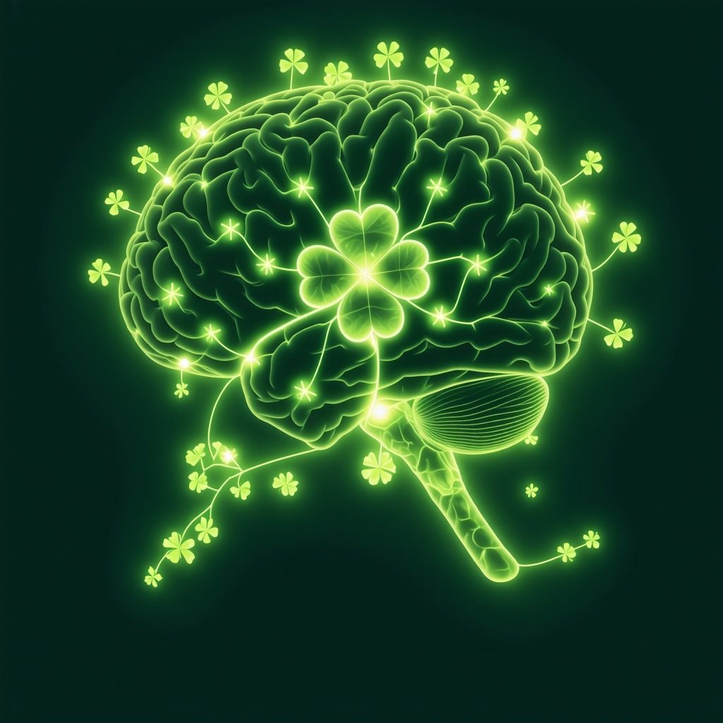 Illustration showing brain neural pathways associated with superstition symbols like horseshoes and four-leaf clovers