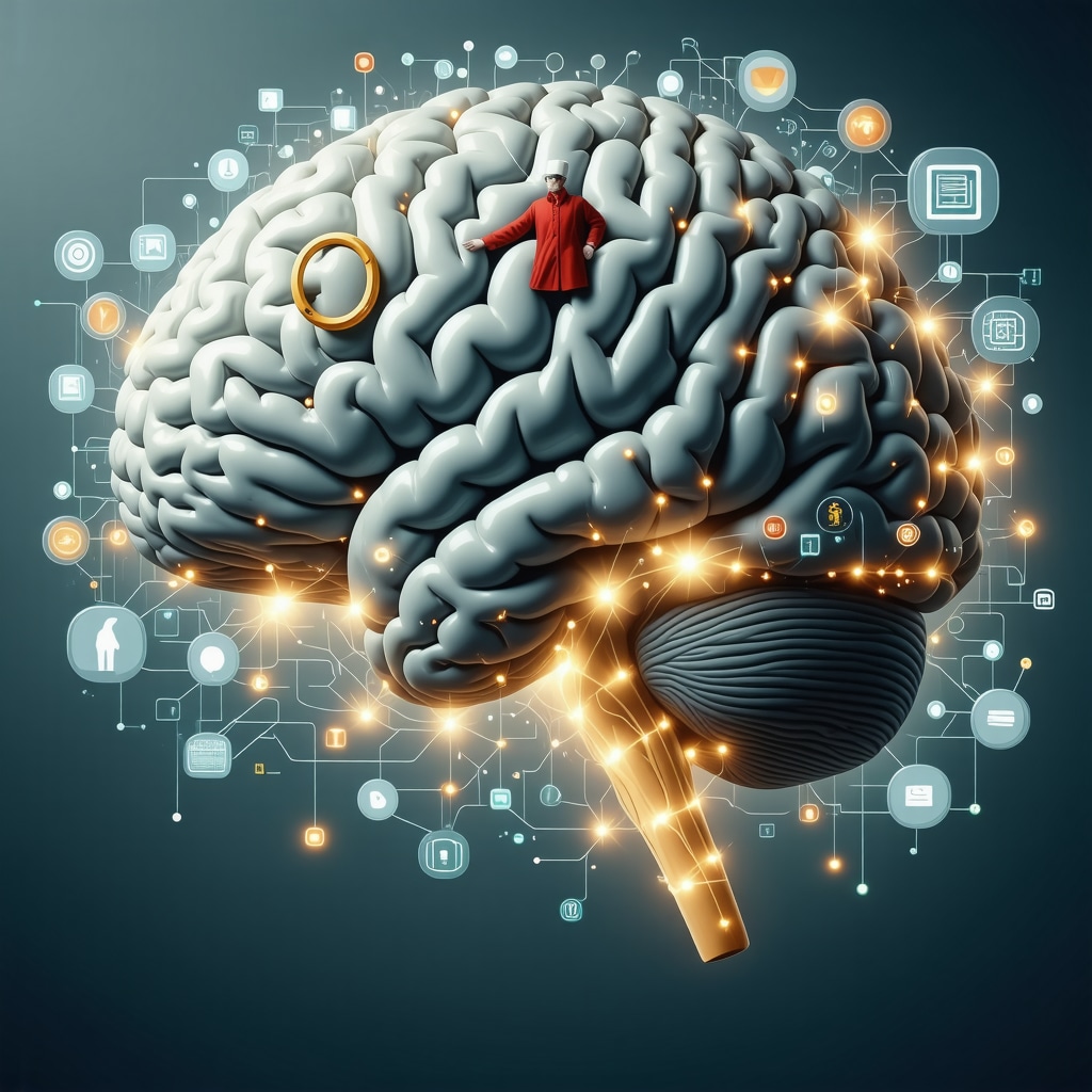 Illustration of brain neural pathways connected to superstition symbols and digital technology