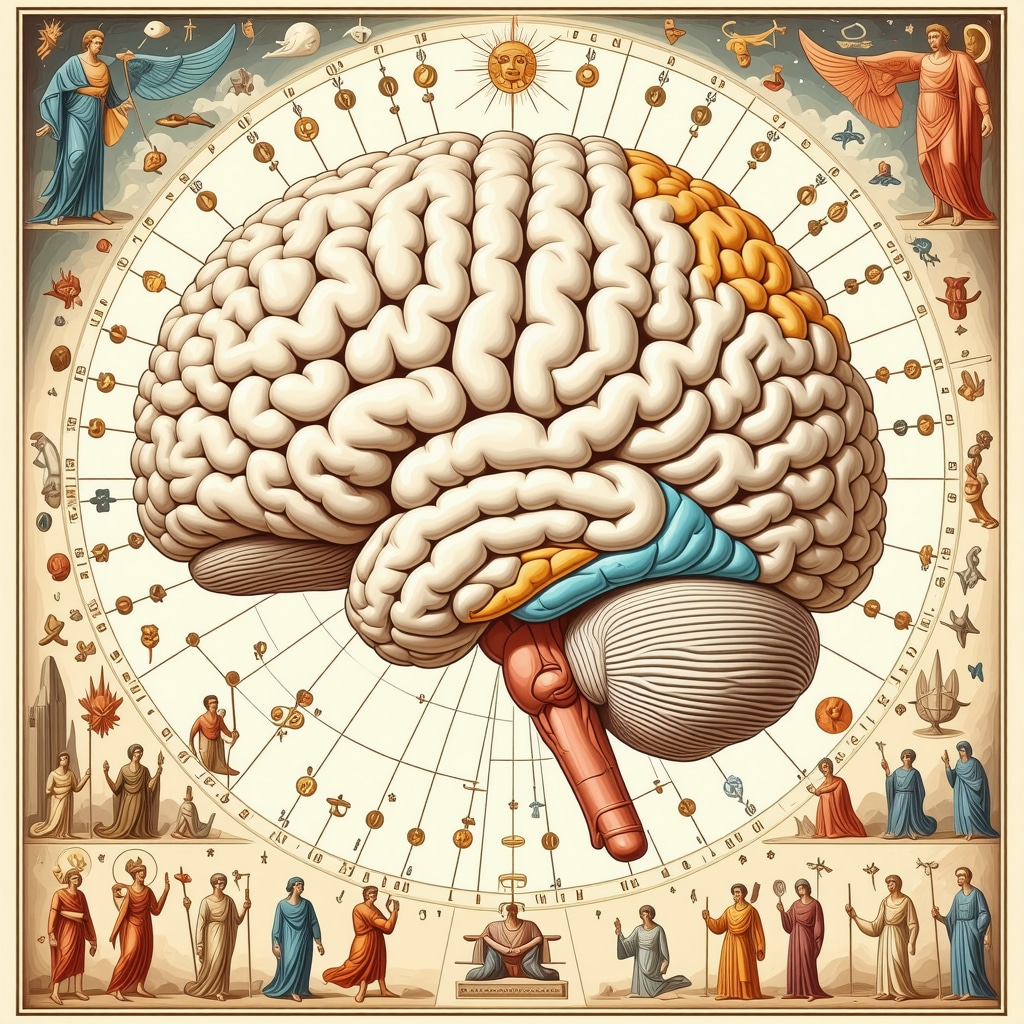 Artistic representation of brain areas activated by fear intertwined with mythological symbols and rituals