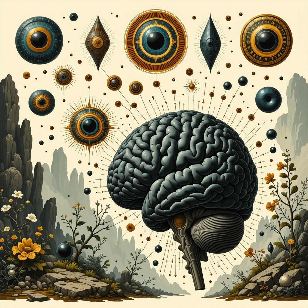 Illustration of neural pathways interacting with prehispanic amulet symbols