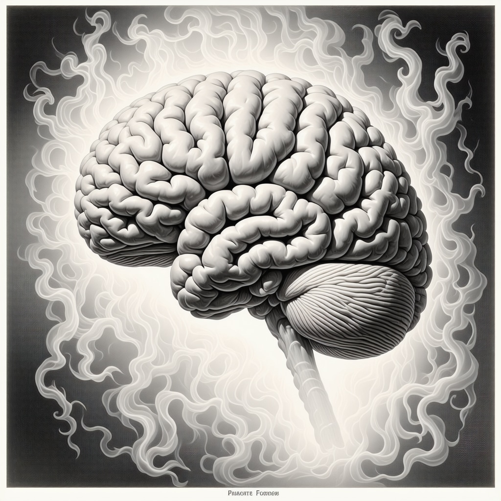 Ilustración científica del cerebro humano destacando actividad en el lóbulo temporal y sombras fantasmales en el fondo