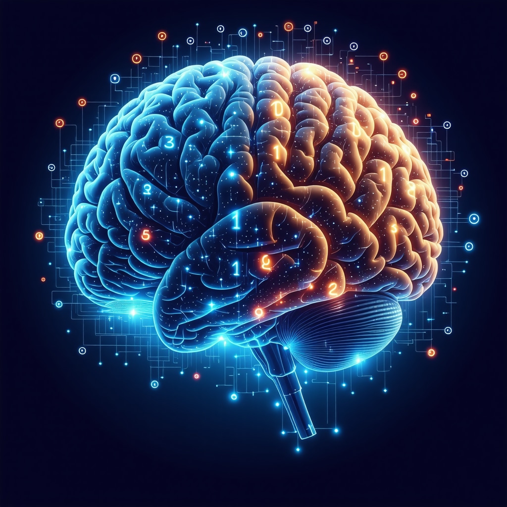 Ilustración cerebral mostrando activación por creencias en números de la suerte con símbolos numéricos digitales