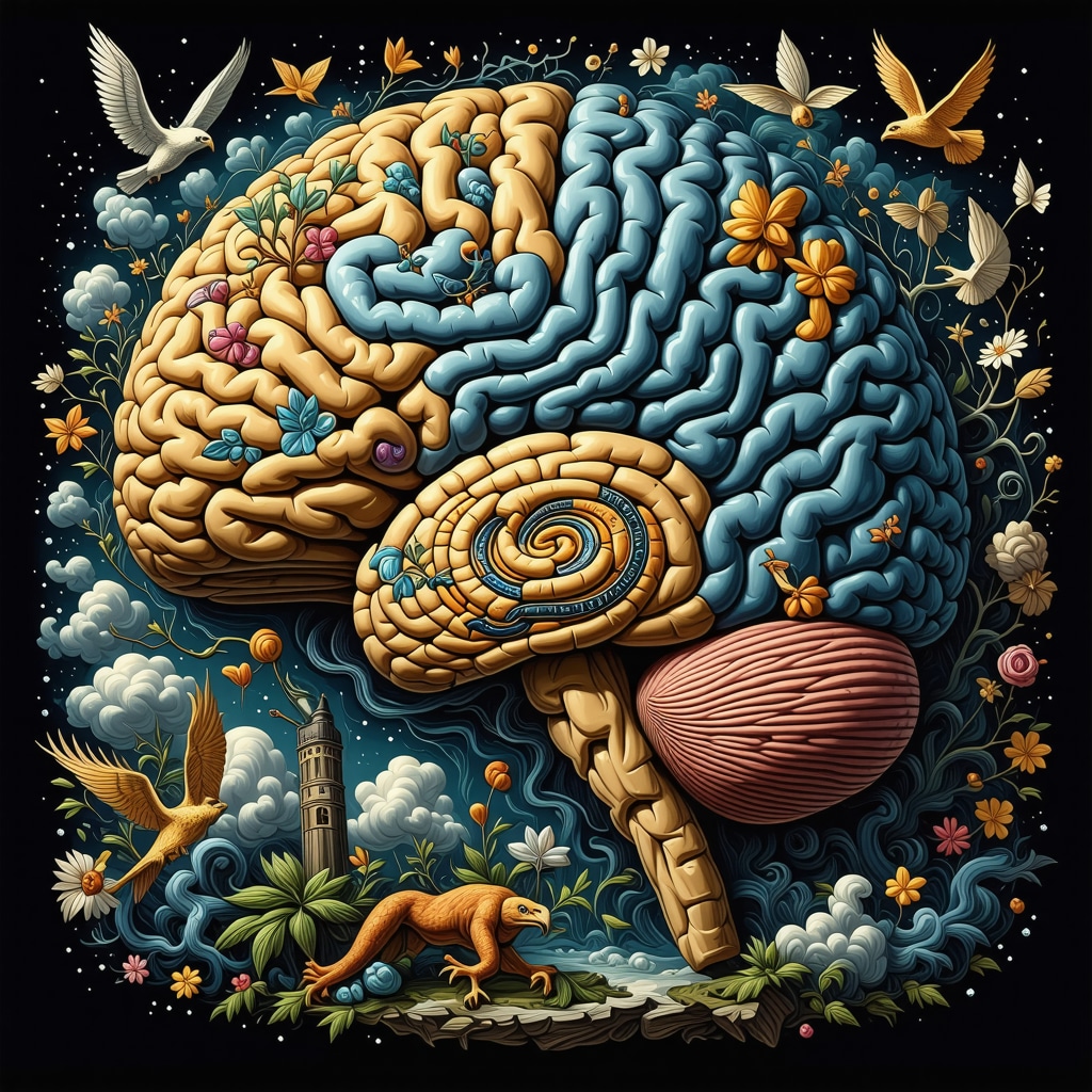 Ilustración detallada del cerebro mostrando áreas activadas durante el sueño REM con elementos simbólicos de sueños como laberintos, águilas y serpientes entrelazados con motivos culturales.