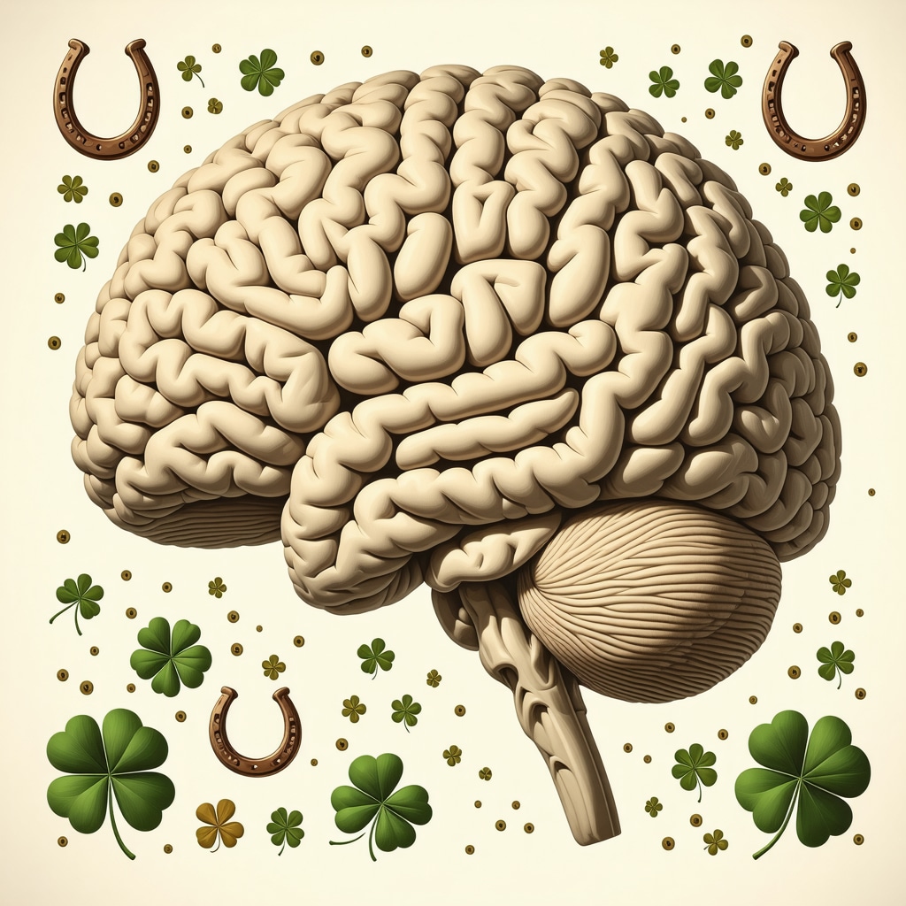 Ilustración cerebral mostrando regiones activadas por supersticiones europeas con símbolos tradicionales