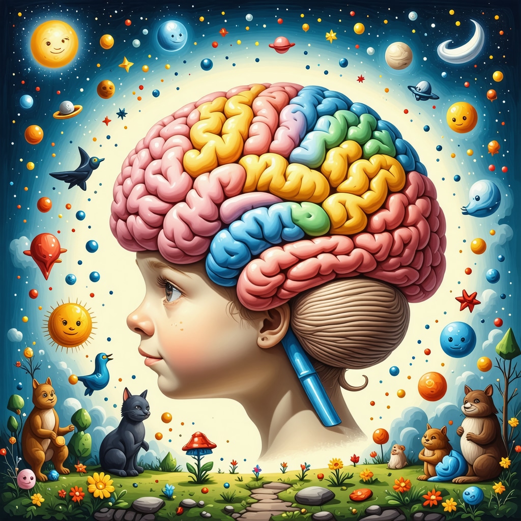 Ilustración del cerebro infantil mostrando áreas relacionadas con emociones y creatividad junto a símbolos de supersticiones y cultura