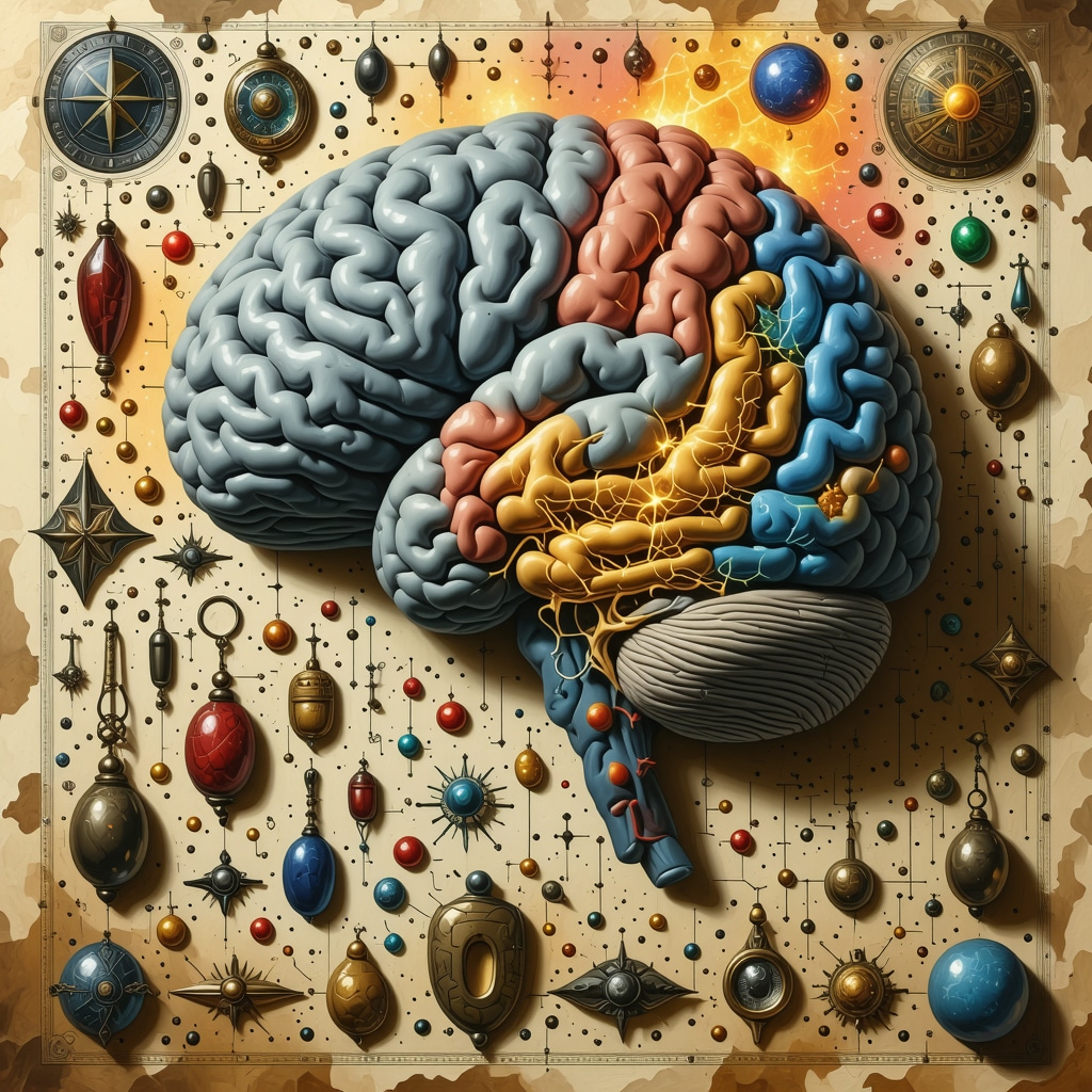 Neurociencia y supersticiones polacas en la era digital Ilustración de neurociencia mostrando circuitos neuronales junto a amuletos tradicionales polacos y símbolos digitales