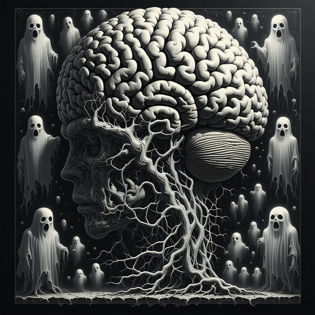 Illustration of brain regions activated by horror legends with symbolic ghost figures and neural pathways