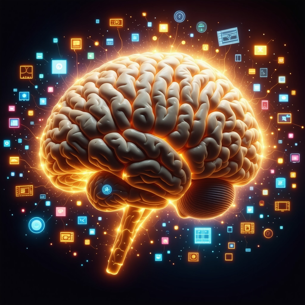 Illustration of brain with cinematic symbolic icons representing neuroesthetic processing