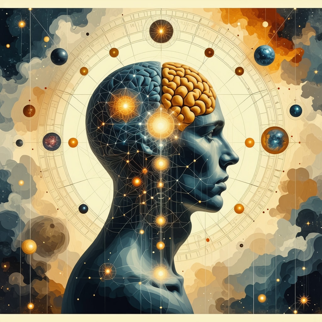 Brain illustration highlighting areas activated by sacred geometric symbols such as mandalas and hexagons