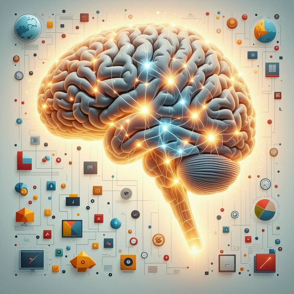 Ilustración conceptual de neuroplasticidad y simbolismo en el entorno laboral