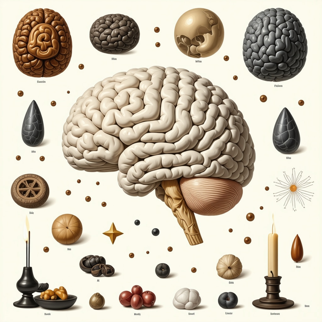 Illustration of brain neural circuits with symbolic ritual objects demonstrating superstition effects